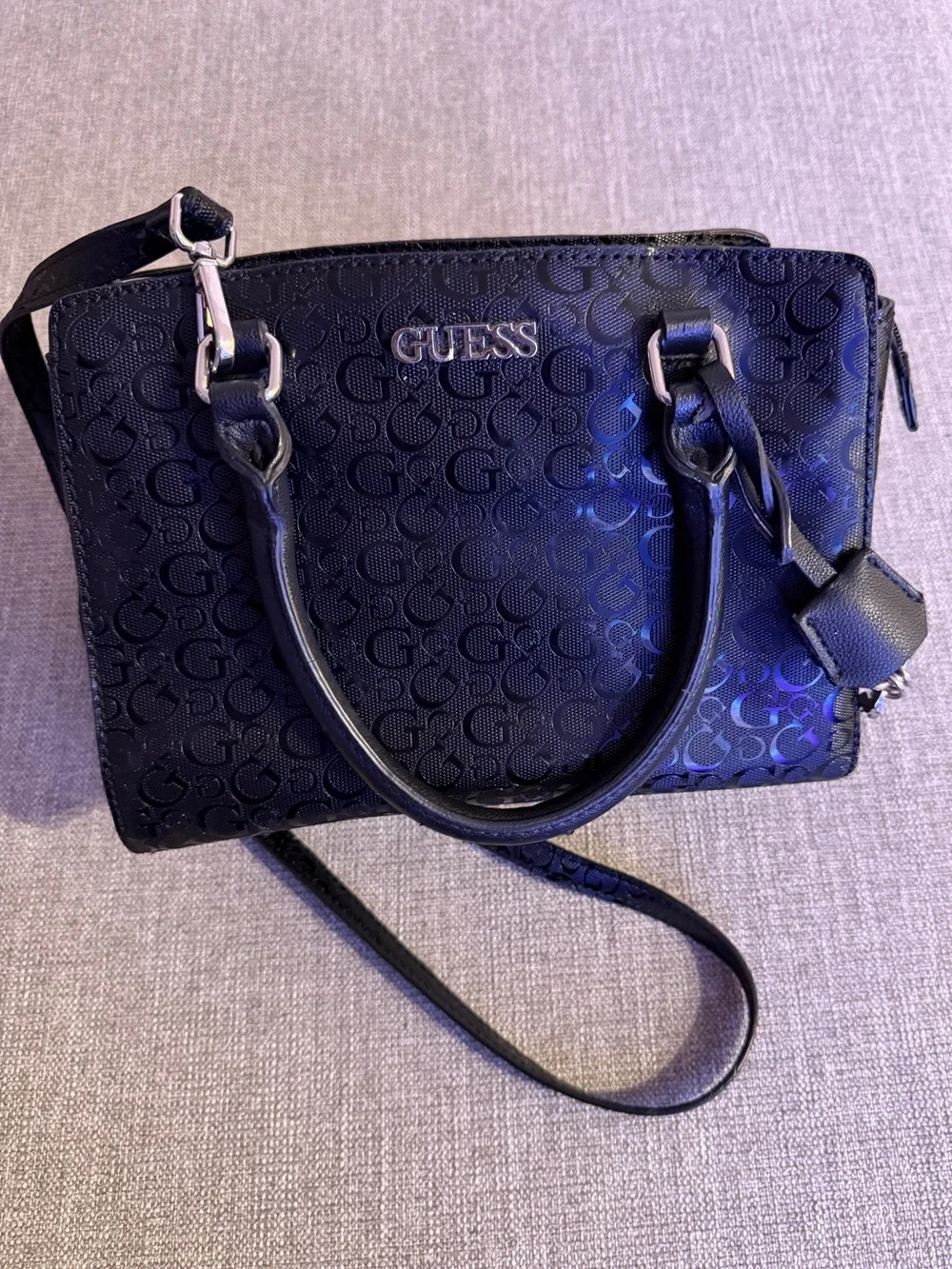 GUESS Black Embossed Logo Satchel Top Handle Zip Bag Detachable Strap